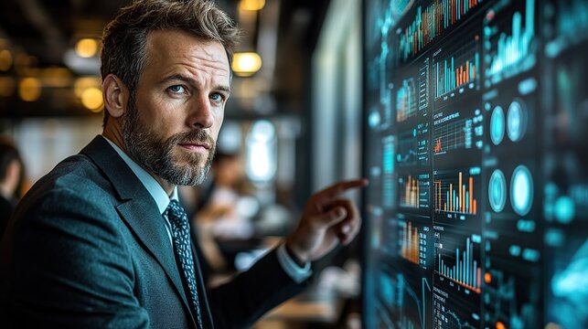 A businessman presenting data on a large digital screen in a futuristic boardroom