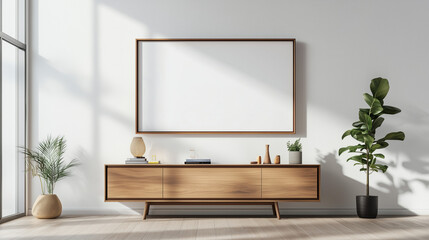 Minimalist Living Room with Large Frame Mockup on White Wall and Oak Wooden Sideboard