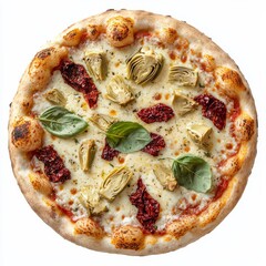 Isolated pizza with artichokes and sun-dried tomatoes on white background