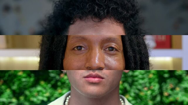 Happy Portrait of Smiling People Faces in Split Screen Collage. Close Up Montage of Puzzle Headshot with Many Men Looking at Camera in Horizontal Frames. Front Footage of Real Boys Facial Expressions