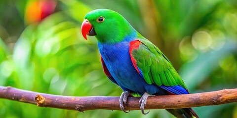 Obraz premium Vibrant green and blue male Eclectus parrot perches on a wooden branch, showcasing its bright plumage, distinctive yellow beak, and curious, intelligent gaze.