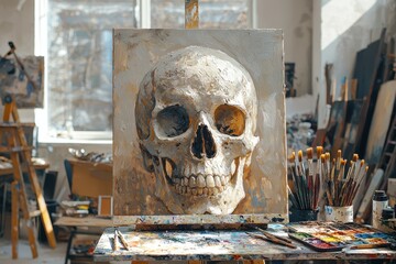 A realistic skull painting displayed in a vibrant artist's studio setting.