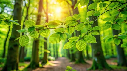 Obraz premium Close up of vibrant green foliage and nature in an enchanting English Countryside woodland setting, woodland, green