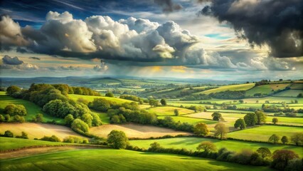 Oil painting of English countryside with cloudy sky and muted green tones , landscape, oil painting, English countryside