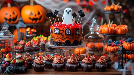 Halloween-Themed Party Dessert Spread with Spooky Decorations,Generative AI