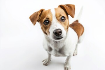 Jack Russell terrier standing on white backdrop, isolate,
