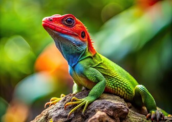 Obraz premium Vibrant green lizard with brightly colored red throat pouch inflated, perched on a rocky outcropping, showcasing its vibrant skin and sharp claws in natural habitat.