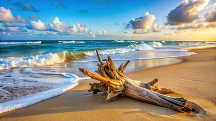 Fototapeta premium Driftwood washed up on sandy beach with ocean waves in the background, Driftwood, beach, sea, wave, wood, sand, nature