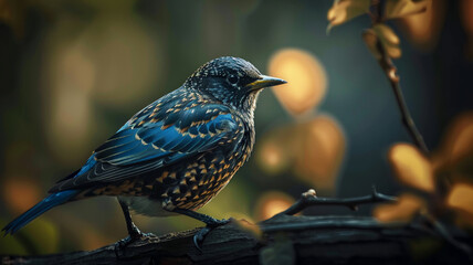 Fototapeta premium Starling perched on branch looking into forest