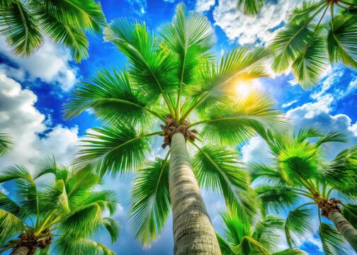 Vibrant green palm fronds of the majestic palmera datilera tree stretch towards the sky, set against a bright blue tropical backdrop with puffy white clouds.