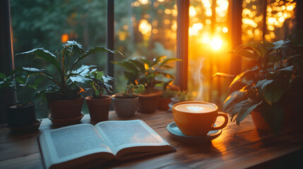 Fototapeta premium Tranquil Morning: Coffee, Book, and Houseplants Bathed in Golden Sunlight.