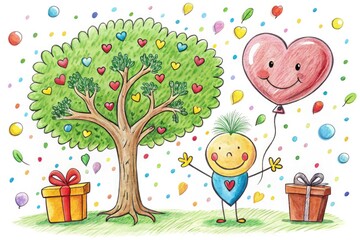 Vibrant hand-drawn illustration of a smiling tree handing a heart-shaped gift to a smaller tree, surrounded by confetti and balloons, symbolizing kindness and generosity.