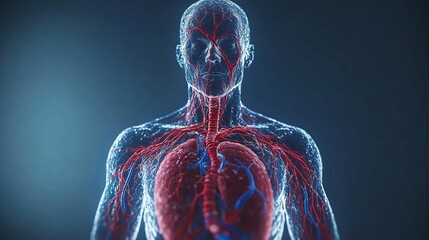 Anatomical Illustration of Human Torso with Visible Lungs and Blood Vessels