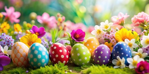 Close-up of colorful Easter eggs surrounded by vibrant spring flowers, Easter, eggs, flowers, spring, colorful, holiday