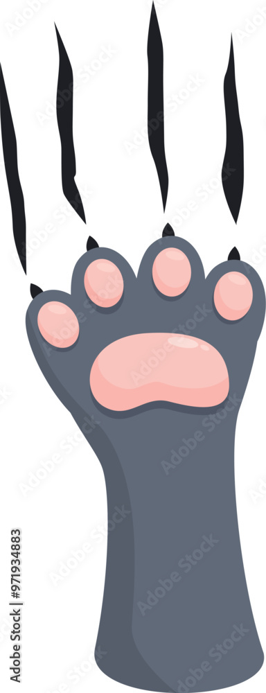 Poster Cartoon illustration of a gray cat paw with sharp claws extending in a scratching gesture