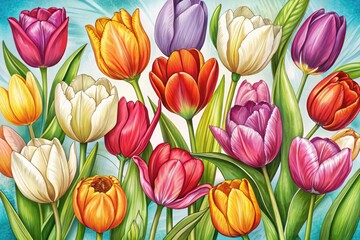 Fototapeta premium Vibrant, hand-drawn tulip blooms in various colors and shapes adorn a whimsical, intricate illustration, perfect for spring, floral, or botanical-themed designs and projects.