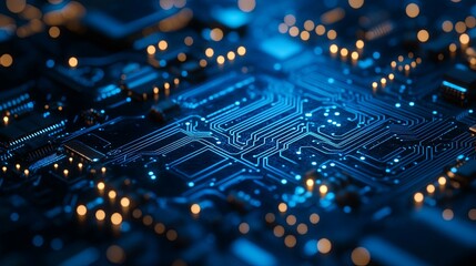 Close-up of a Circuit Board with Glowing Blue Traces and Yellow LED Lights