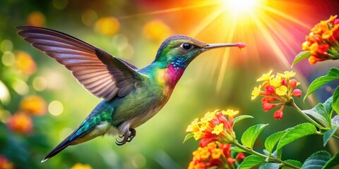 Fototapeta premium Vibrant hummingbird sips nectar from brightly colored flowers, its iridescent feathers glistening in the sunlight, surrounded by lush green foliage in a tropical garden setting.