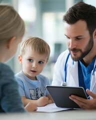 Obraz premium Father and Son Consulting with Pediatrician Using Digital Tablet