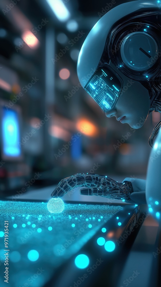 Poster futuristic cyberspace hologram interface with glowing neon lights and data visualization