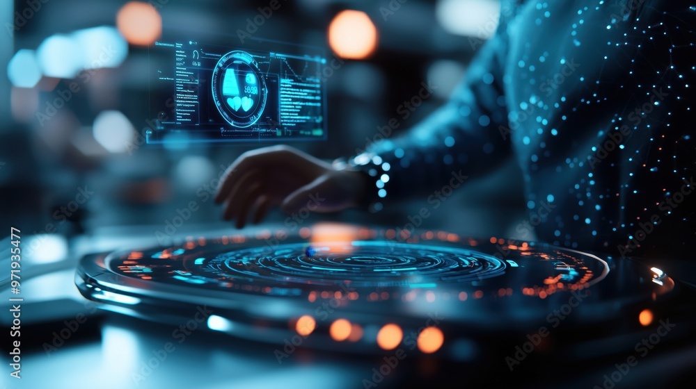 Poster futuristic digital dashboard with holographic technology interface and data visualization