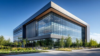 Obraz premium Modern Glass Office Building with Greenery and Blue Sky