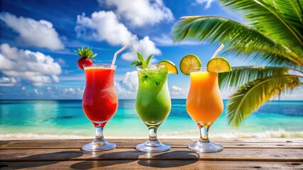Three vibrant drinks on a tropical island beach, minimalistic, summer, composition, colourful, green tea, coffee, drinks