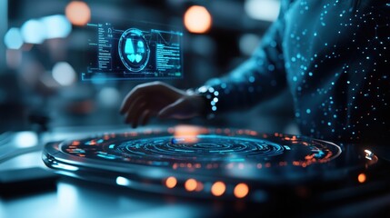 Futuristic digital dashboard with holographic technology interface and data visualization