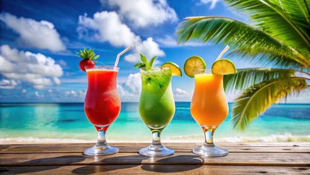 Three vibrant drinks on a tropical island beach, minimalistic, summer, composition, colourful, green tea, coffee, drinks