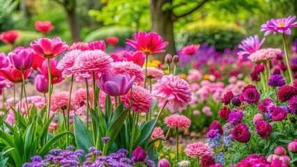 Obraz premium Vibrant spring flowers in various shades of pink blooming in a beautiful garden, blooming, spring, flowers, pink, garden