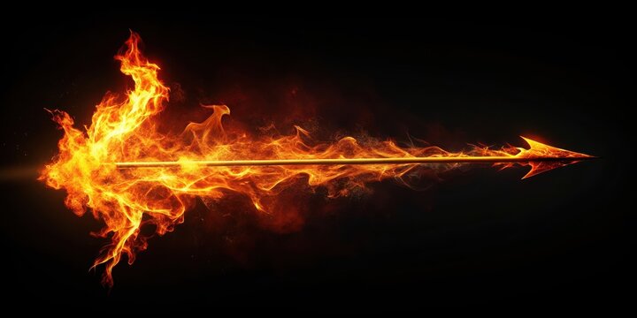 Fiery arrow burning brightly against a dark background, fire, arrow, burning, flame, heat, intensity, energy, weapon, symbol, survival