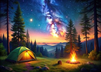 Vibrant illustration of a serene campsite at dusk, featuring a tent, campfire, and stars amidst a lush forest, evoking a sense of adventure and tranquility.