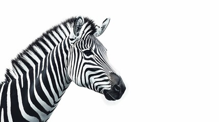 A striking black and white portrait of a zebra against a minimalist background.