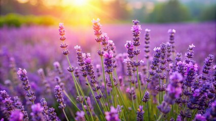 Fototapeta premium Fields of lavender with blooming flowers being carried by a gentle breeze , lavender, fields, blossoms, soothing, scent, air