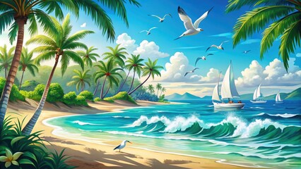 Obraz premium Vibrant illustration of a stylized beach scene with palm trees, sailboats, and seagulls set against a bright blue sky and turquoise ocean waves.