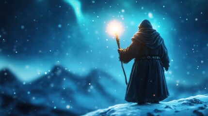 Obraz premium Mystical Wizard Journeying Through Snowy Mountainous Landscape at Glowing Aurora Night