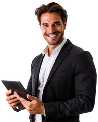 Portrait of young executive businessman happy smiling and standing posing holding using tablet computer, isolated on white background, png