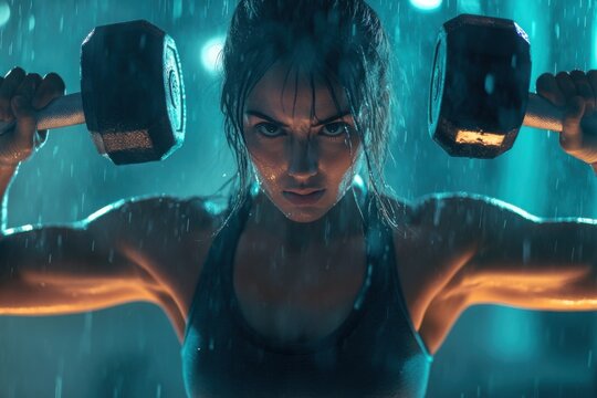 Determined Woman Lifting Dumbbells in Intense Workout