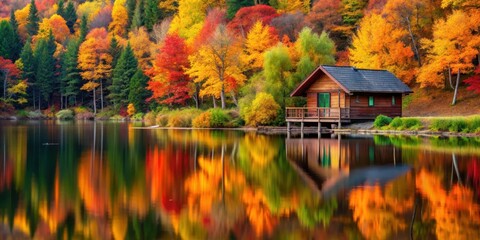 Serene lakeside cabin surrounded by vibrant autumn trees, fall, golden hues, lakeside, cabin, serene, tranquil, autumn, trees