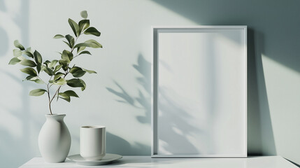 Modern Artistic Frame Mockup with Hot Drink and Vase on White Table