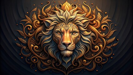 Abstract lion head with intricate design elements on dark background, lion, head, abstract, creative, design, elements