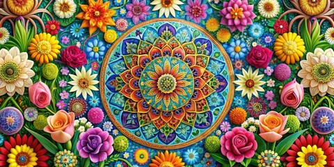 Vibrant illustration of Nowruz festivities featuring colorful blooms, swirling patterns, and traditional Persian motifs, symbolizing renewal and new life in the spring equinox celebration.
