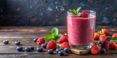 Smoothie with mixed berries floating in a glass , healthy, fresh, organic, fruit, nutrition, beverage, vibrant, colorful