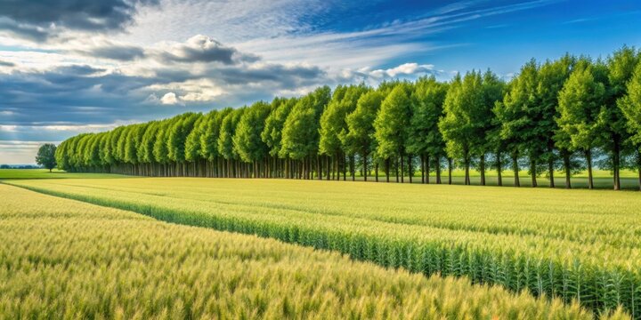 Rows of lush trees in a wheat field providing windbreak and boundary for farmland, windbreak, boundary, farmers, farmland