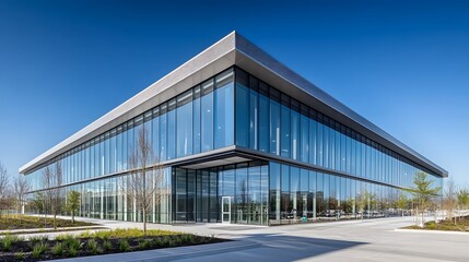 Modern Glass Office Building with Landscaping