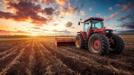 Fototapeta premium Red tractor plowing a vast field at sunset, bathed in golden hues.