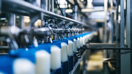 Milking process with automated machinery, close-up shot of dairy farm operations,