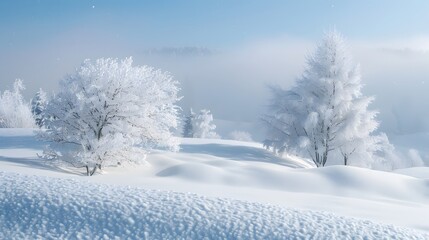 Obraz premium A snow-covered landscape featuring gentle hills and scattered trees, capturing the serene and tranquil beauty of a winter scene with rolling snowy terrain and frosted foliage