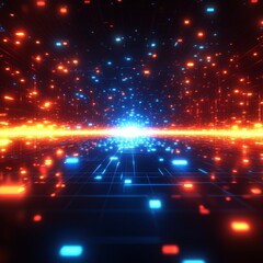 Obraz premium 暗い背景に青とオレンジの光るライト