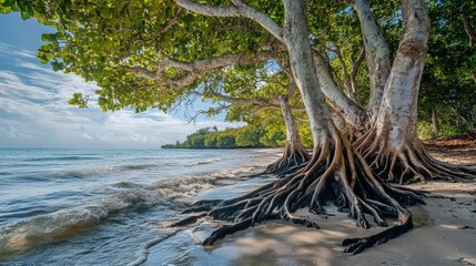 Landscape view of trees with big roots on the seashore. Plants growing by the sea. Photography Stock.